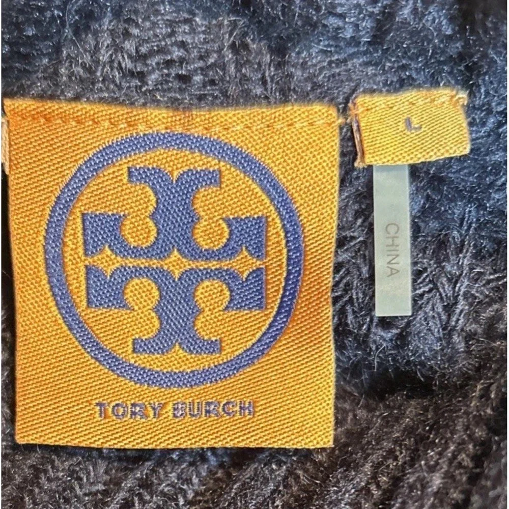 Tory Burch Wool Blend Turtleneck Sweater Navy Cream Stripe Gold TB Logo Sz Large